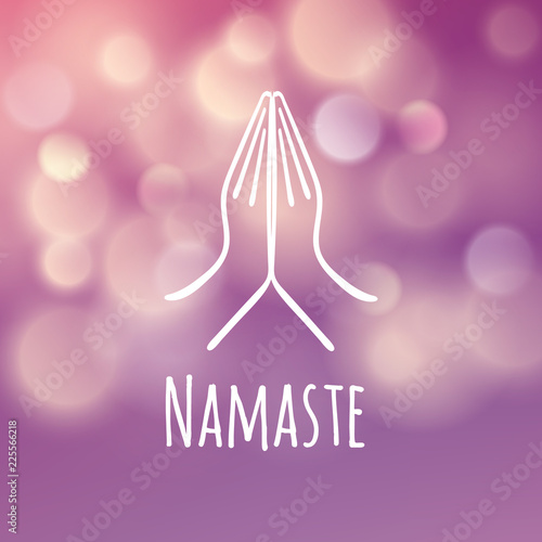 Welcome gesture of hands of Indian woman character in Namaste mudra on insulated white purple blurred batskground vector