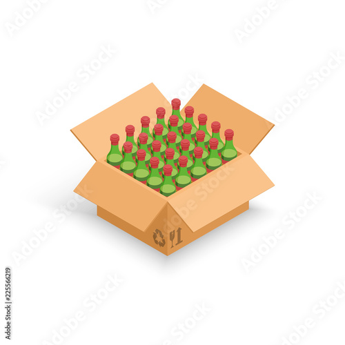 Wine bottles cardboard box vector illustration, 3d isometric cartoon wine beverage pack isolated