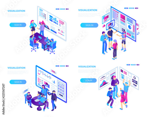 Visualization banner set. Isometric set of visualization vector banner for web design