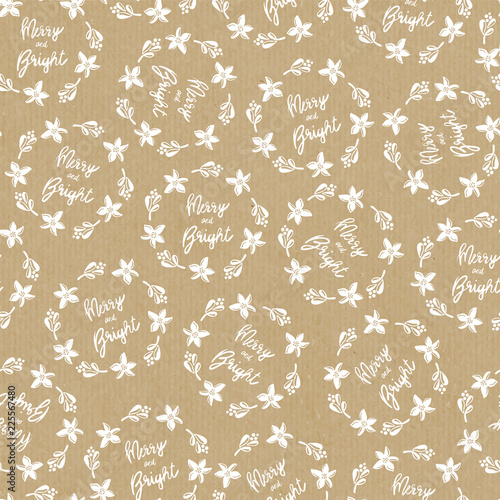 Merry and Bright seamless mistletoe Christmas flower wreath vector pattern on brown craft paper background. Multidirectional. For Christmas gift paper, party invite, page fill, greeting card, wrapping