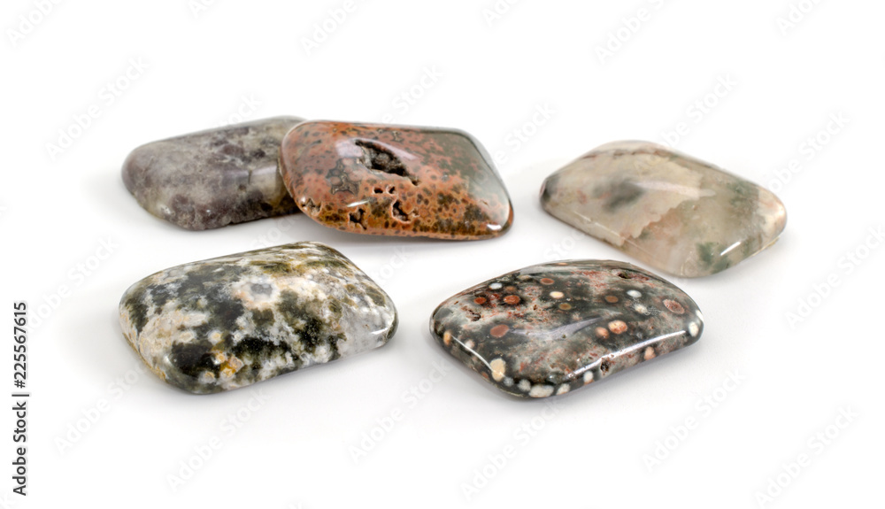 Rectangle cabochon cut ocean jasper stones isolated on white background Rectangle cabochon cut ocean jasper stones isolated on white background