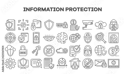 Computer security icon set. Outline set of computer security vector icons for web design isolated on white background