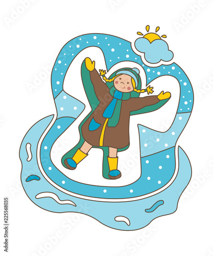 Fototapeta Naklejka Na Ścianę i Meble -  Vector illustration. Flat illustration. Girl and snow angel. Winter