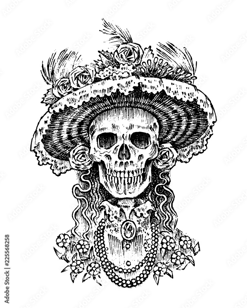 La Calavera Catrina. Elegant woman skeleton. Day of the dead 