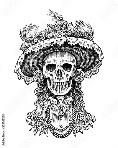 La Calavera Catrina. Elegant woman skeleton. Day of the dead. Spanish Dia de los Muertos. Mexican national holiday. Engraved hand drawn Vintage old monochrome sketch. Vector illustration.