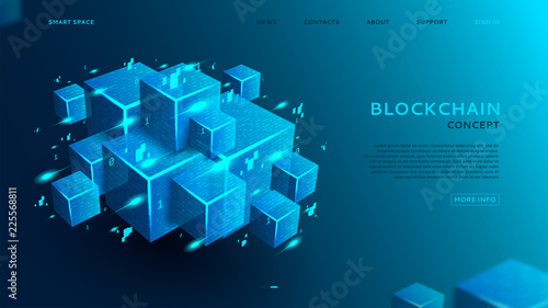 Blockchain concept web banner. 3d abstract digital blocks or cubes constructs database. Technology background with realistic blocks with program code. Landing page template. Vector illustration.
