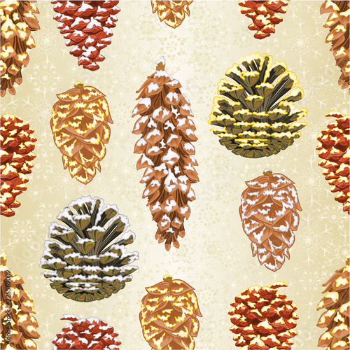 Seamless texture Christmas and New Year decorations Four pine cones larch cones natural  and golden pine cones and snow pine cones vintage vector illustration editable hand draw