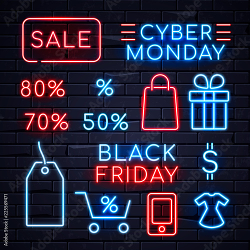 Illuminated neon signs logo frame light electric banners glowing on black brickwall background,big huge sales concept set.Neons sign logos Black friday Cyber monday,percent sale billboards