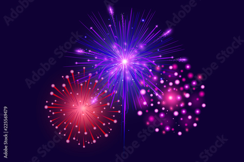 Festive Colorful fireworks on dark blue background. Set of Vector realistic fireworks illustration. New Year Christmas firework.