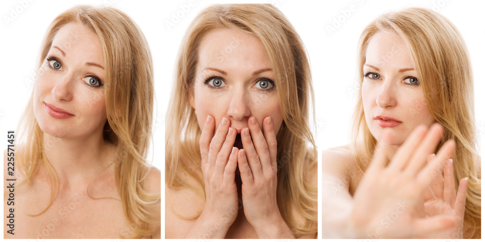 A group of images of a young beautiful woman with different emotions A group of images of a young beautiful woman with different emotions