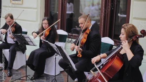 Musician playing violin outdoors. 
Violint play music for the wedding. Violin under the open sky. Wedding music concept. photo