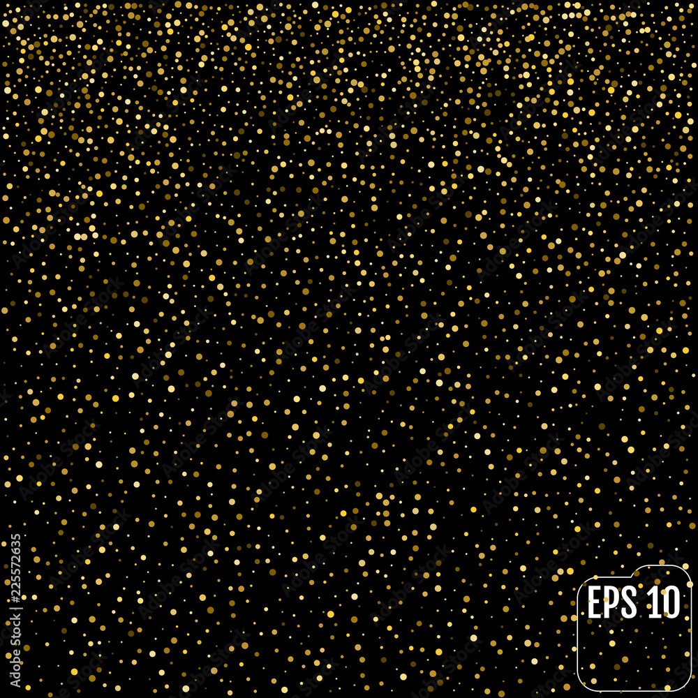 Vector gold glitter particles background for luxury greeting card. Star dust sparks in explosion on black background. Golden sparkling texture.