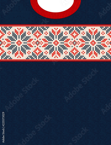 Ugly sweater Christmas Season Winter Sale Poster. Vector illustration knitted background pattern with deers snowflakes, scandinavian ornaments for advertising flyers, banners. White, red, blue colors