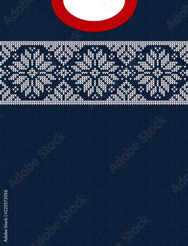 Ugly sweater Christmas Season Winter Sale Poster. Vector illustration knitted background pattern with deers snowflakes, scandinavian ornaments for advertising flyers, banners. White, red, blue colors