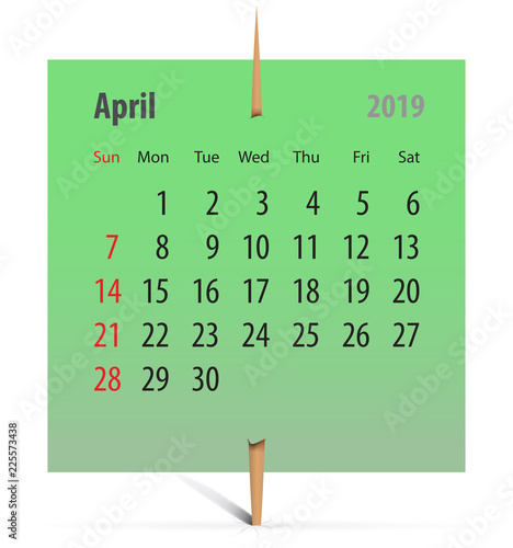 Calendar for April 2019