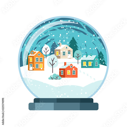 Christmas snow globe with small houses. Isolated vector illusrtation