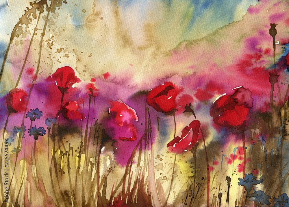 Beautiful watercolor paintings that bring flowers to wages, poppies - obrazy, fototapety, plakaty 