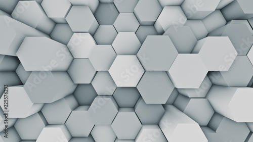 Abstract modern hexagonal surface 3D illustration. Bright blue voxel grid particle honeycombs moving up and down in waves. Technology, information and future concept in loopable background.