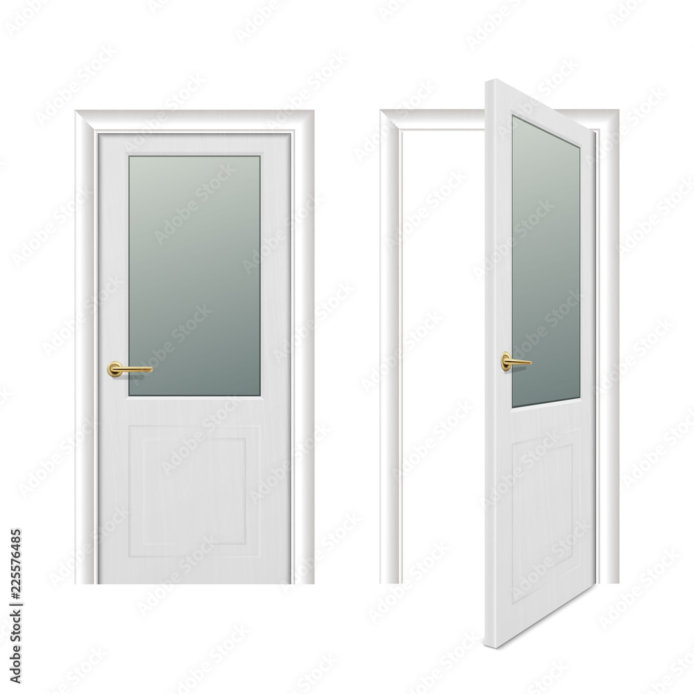 Vector realistic different opened and closed white wooden door icon set closeup isolated on white background. Elements of architecture. Design template for graphics, Front view Vector realistic different opened and closed white wooden door icon set closeup isolated on white background. Elements of architecture. Design template for graphics, Front view