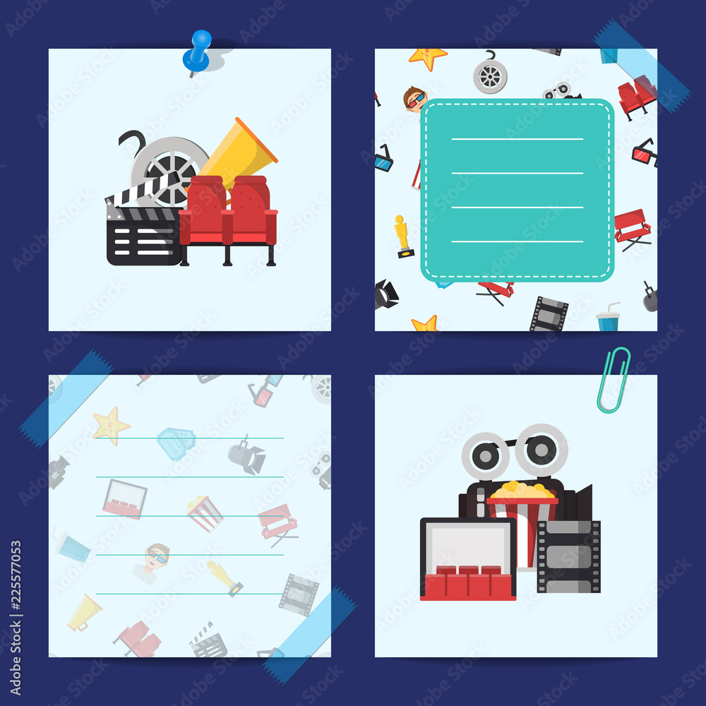 Vector flat cinema icons cute notes of set template illustration. Film movie concept Vector flat cinema icons cute notes of set template illustration. Film movie concept