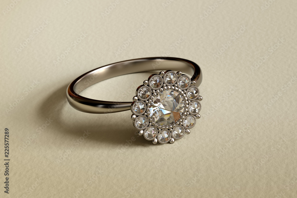 Platinum diamond ring with cluster setting, rose cut stones laying on beige textured background. 3D redering Platinum diamond ring with cluster setting, rose cut stones laying on beige textured background. 3D redering