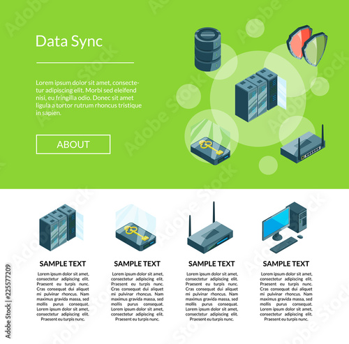 Vector electronic system of data center icons landing page template illustration