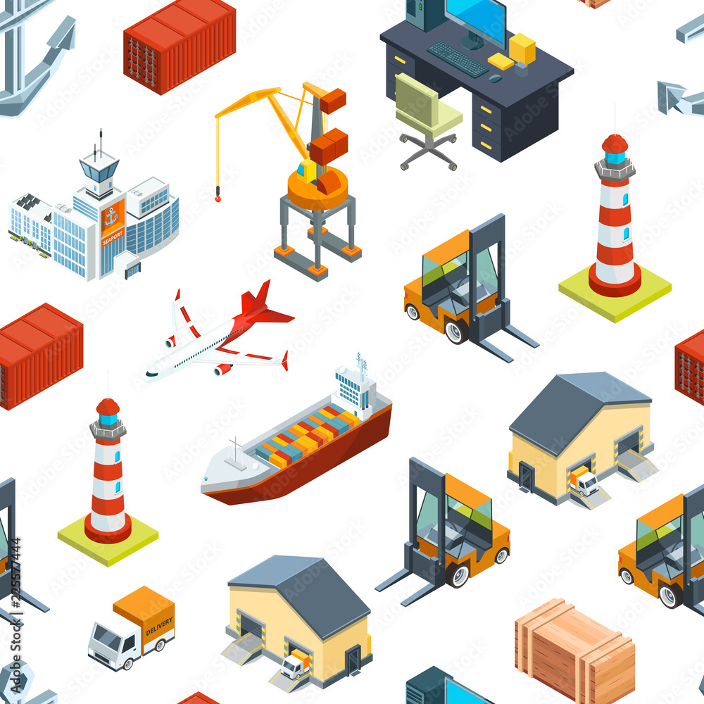 Obraz premium Vector isometric marine and sea port colored icons pattern background