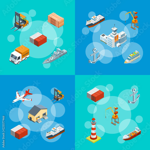 Vector isometric marine logistics and seaport concept banner web poster set illustration