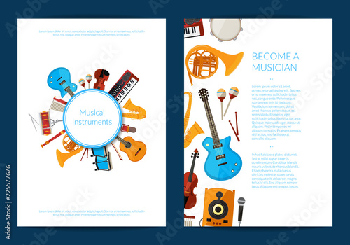 Vector cartoon musical instruments card or flyer template illustration. Collection of web banner posters