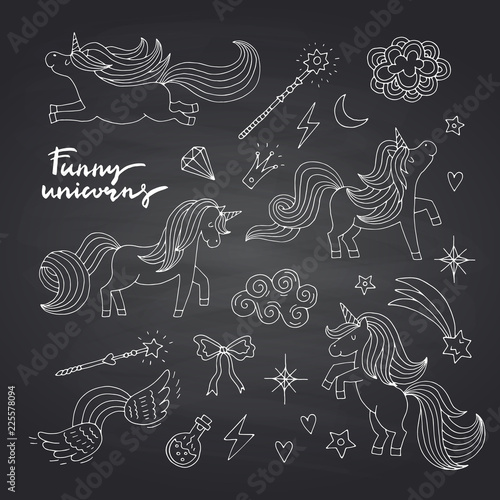 Vector cute hand drawn magic unicorns and stars set isolated on black chalkboard background illustration