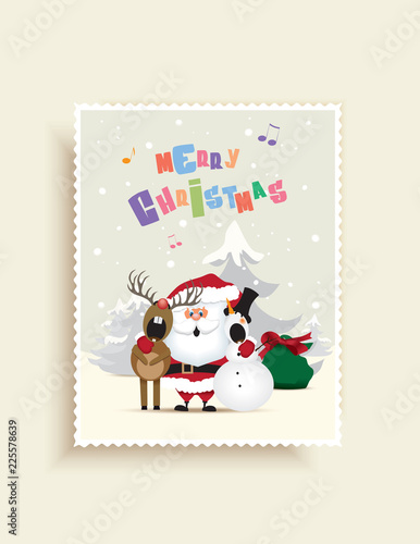 Christmas greeting card-Santa Claus, snowman and reindeer singing a Christmas carol on the north pole.Vector illustration.