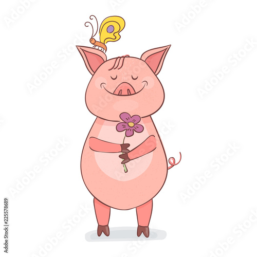 Funny Piggy symbol 2019 new year. A pig stands and holds a flower in his hands