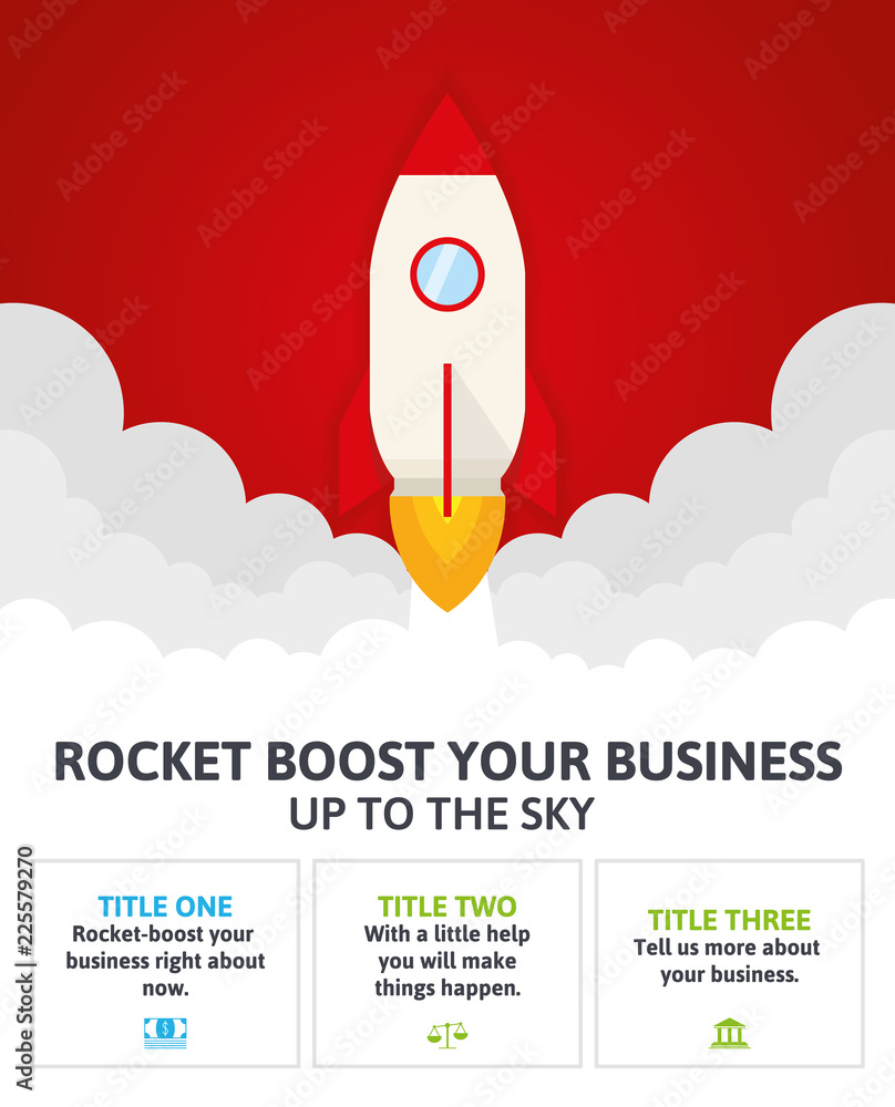 Infographic rocket starting up in a red field Infographic rocket starting up in a red field
