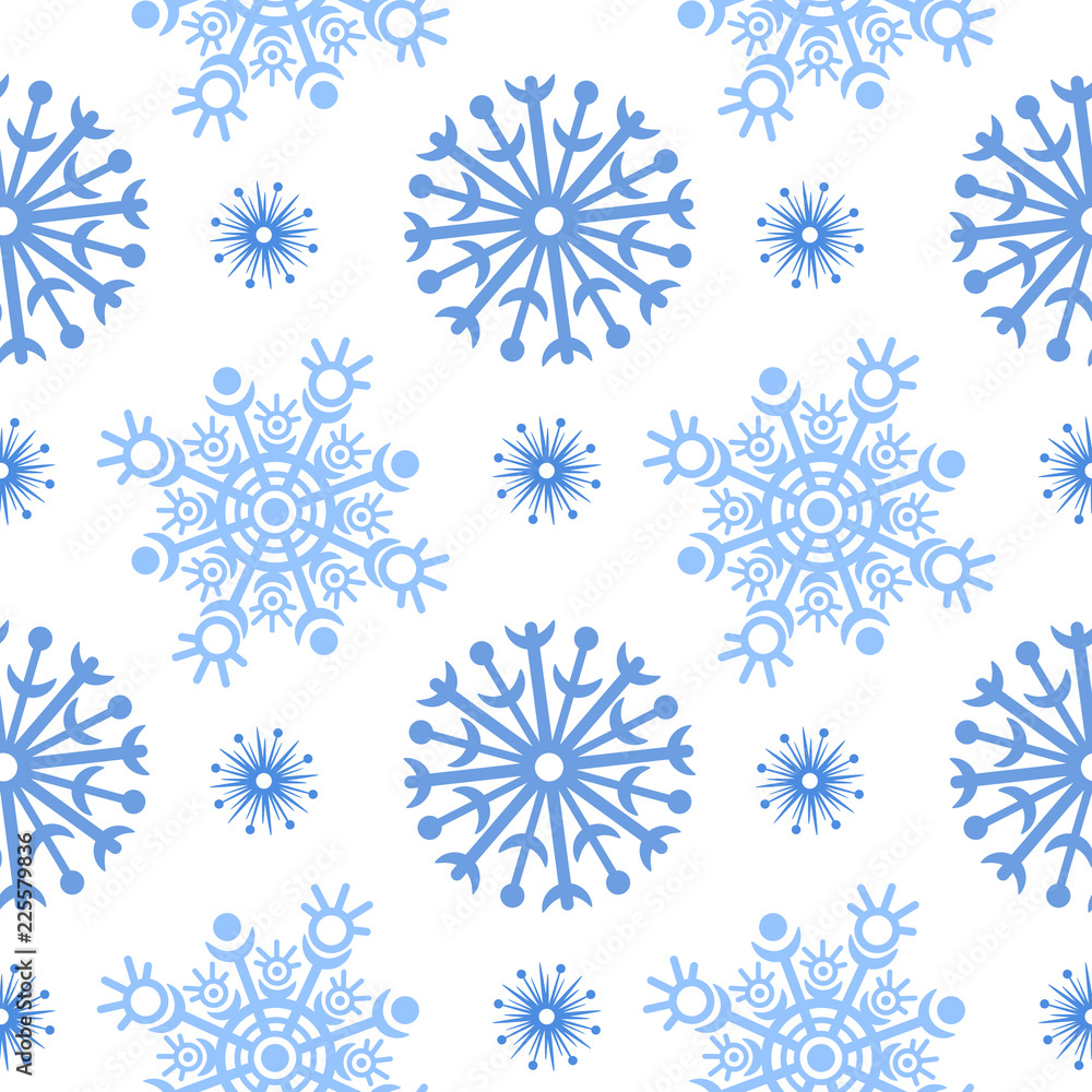 Vector Christmas seamless pattern. Winter seamless snowflakes pattern. Seamless pattern for fabric, wrapping paper or wallpaper. Winter. Snow. Blue. Christmas pattern. New year 2019.