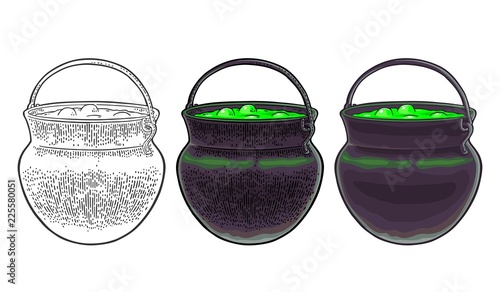 Halloween cauldron. Magic Pot with bubbles. Vector engraving