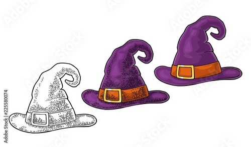 Halloween witch hat with buckle. Vector engraving