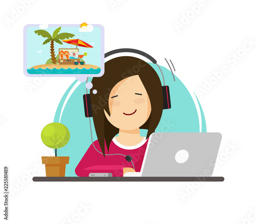 Girl working on computer and dreaming of resort travelling, flat cartoon person work on desktop pc thinking of relaxing adventure journey to sea, character workplace and summer trip dream