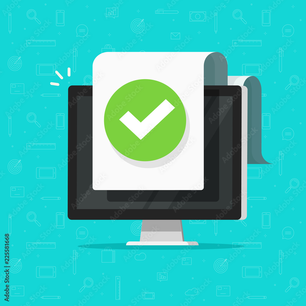 Computer with checkmark or tick notification on document vector icon, flat design pc with approved doc paper sheet, idea of task done, update or download complete, accept or approve checkmark Computer with checkmark or tick notification on document vector icon, flat design pc with approved doc paper sheet, idea of task done, update or download complete, accept or approve checkmark