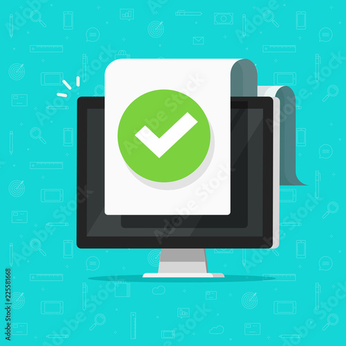 Computer with checkmark or tick notification on document vector icon, flat design pc with approved doc paper sheet, idea of task done, update or download complete, accept or approve checkmark
