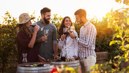 Happy friends having fun drinking wine at winery vineyard - Friendship concept with young people enjoying harvest time together