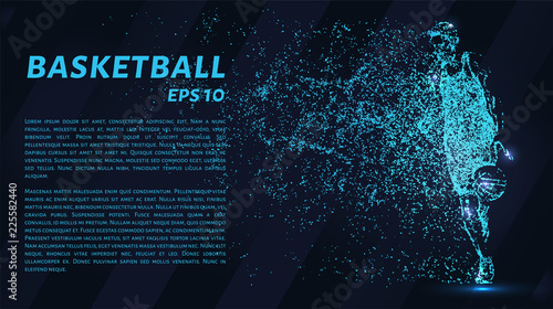 Basketball of particles on a dark background. Basketball player consists of geometric shapes. Vector illustration.