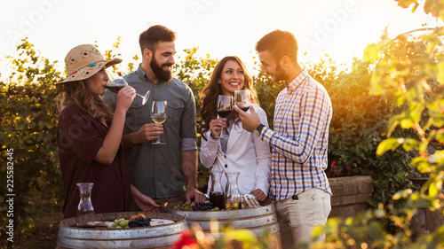 Photo Happy friends having fun drinking wine at winery vineyard - Friendship concept w