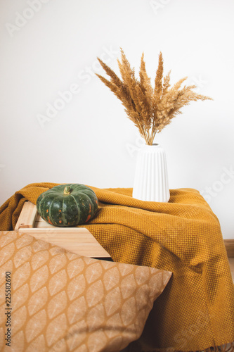 White Cup of Coffee Cappuccino Cottage Cheese Pancakes, Yellow Mustard Color Plaid, Bedroom, Autumn Concept, Cosiness