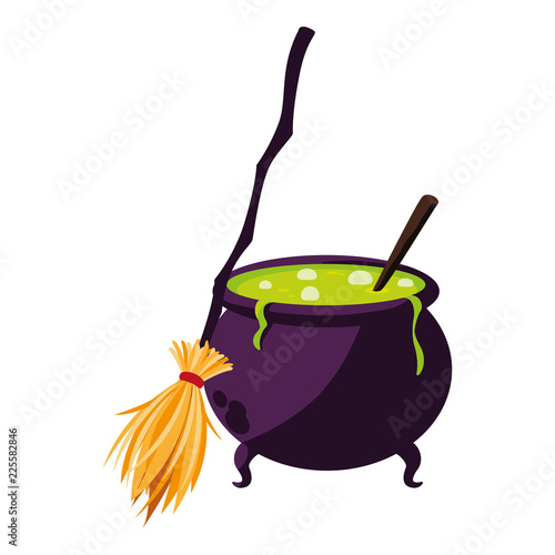 happy halloween cauldron with witch broom