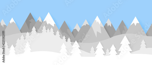 Simple seamless paper cut winter vector landscape with  layered mountains and trees on blue background.