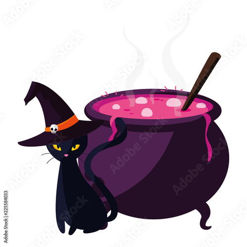 happy halloween cauldron with cat