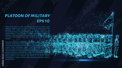 A platoon of military particles on a dark background. Military platoon consists of geometric shapes. Vector illustration.