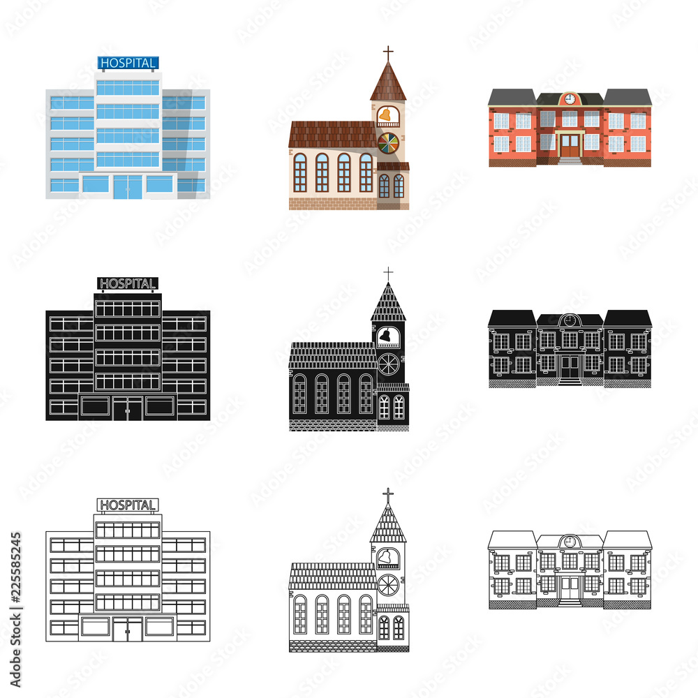 Vector design of building and front sign. Collection of building and roof stock symbol for web.