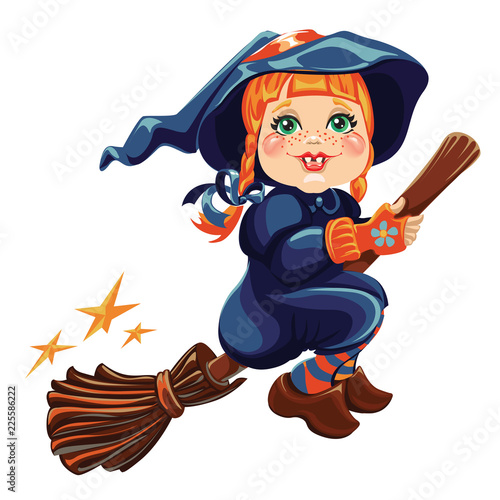 cheerful witch on a broomstick
