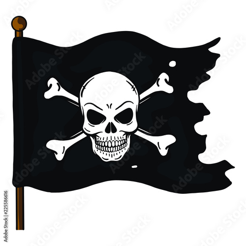ripped vector pirate flag on mast with evil skull sign behind scratched bone on black background. Black, gray, helloween, dead.
